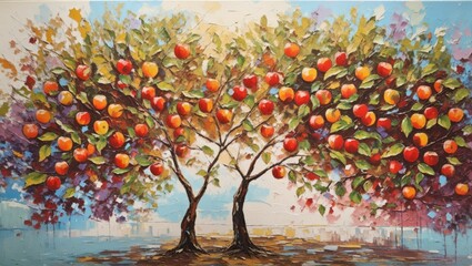 Oil painting of a fruitful apple tree