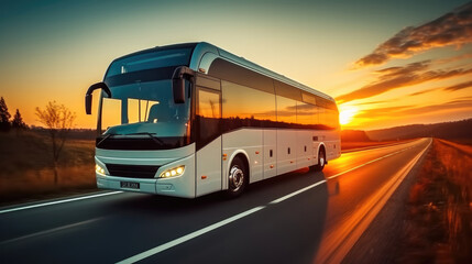 tourist bus driving on highway.
