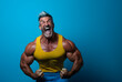 Older bodybuilder with grey hair flexing his muscles on a blue background