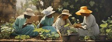 Illustration Of  60s African Women Wearing Vintage Fashion Hat Working In Vegetable Farm As Hobby Together, Generative Ai