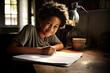 smiling African american child school boy writing in a notebook