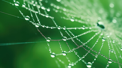 Close-up of spider web texture with dew drops. Nature wildlife wallpaper, macro shot. 