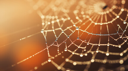 Close-up of spider web texture with dew drops. Nature wildlife wallpaper, macro shot. 