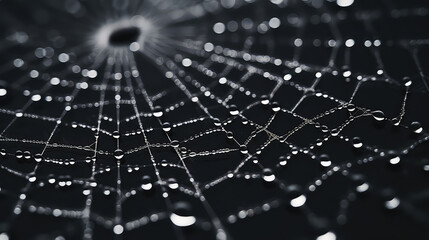 Close-up of spider web texture with dew drops. Nature wildlife wallpaper, macro shot. 