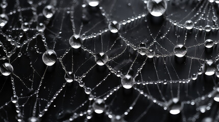 Close-up of spider web texture with dew drops. Nature wildlife wallpaper, macro shot. 