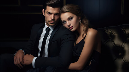 Elegant couple, young man and woman sitting on a couch in elegant evening official classic clothes. Creative banner for store of suits and elite evening dresses. 