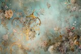A dreamy wallpaper with intricate details of pastel blooms in blue and gold tones, featuring a fantasy fairytale aesthetic in a rococo luxurious style background. Generative AI