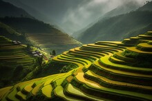 A Stunning Terraced Rice Field In Mu Cang Chai, North Vietnam Near Sapa. Generative AI