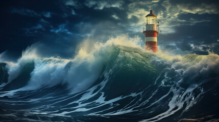 Wall Mural - lighthouse on the coast with stormy weather created with Generative AI technology