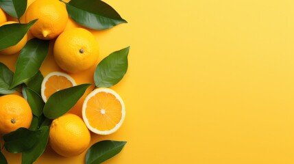 oranges, fresh green leaves and top view on yellow background