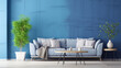 Modernes Wohnzimmer, Sofa in hellblau, Wandfarbe blau, Sofatisch aus rustikalem Holz, links und rechts vom Sofa Pflanzen, Holzdielen als Bodenbelag.