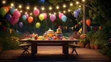 A Backyard Garden Party With Fairy Lights, Balloons, And A Birthday Cake On A Table.