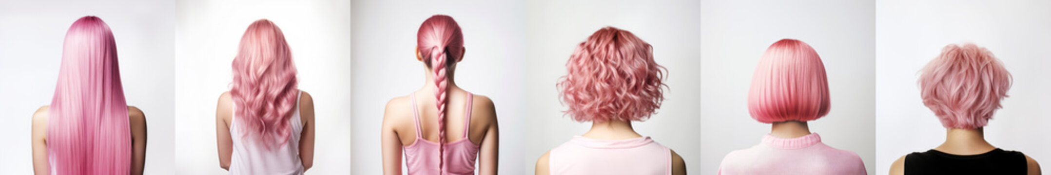various haircuts for woman with pink dyed hair - long straight, wavy, braided ponytail, small perm, 