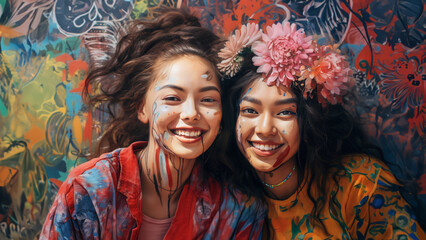 Wall Mural - Happy women smiling with a colourful paint on their faces, Asian and Caucasian women standing against colourful the graffiti. 