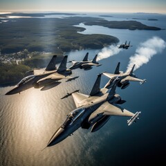 Wall Mural - Fighter jets flying in formation over the ocean