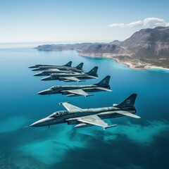 Wall Mural - Fighter jets flying in formation over the ocean