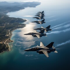 Wall Mural - Fighter jets flying in formation over the ocean