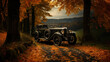 Vintage german car on the road in autumn forest. Retro second world war period.