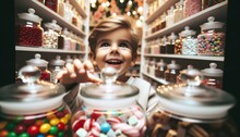 Close-up Photo Of A Little Boy, Eyes Gleaming With Delight, Reaching Towards A Jar Of Colorful Candies.