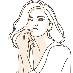 Wall Mural - Stylish woman portrait. Outline trendy vector illustration. Continuous line drawing, minimalistic concept. Romantic image in pastel watercolor shades