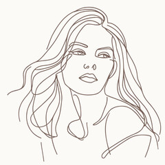 Wall Mural - Stylish woman portrait. Outline trendy vector illustration. Continuous line drawing, minimalistic concept. Romantic image in pastel watercolor shades