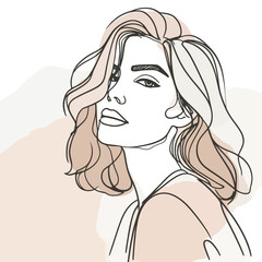 Wall Mural - Stylish woman portrait. Outline trendy vector illustration. Continuous line drawing, minimalistic concept. Romantic image in pastel watercolor shades