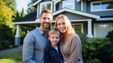 Happy family in front of their new house