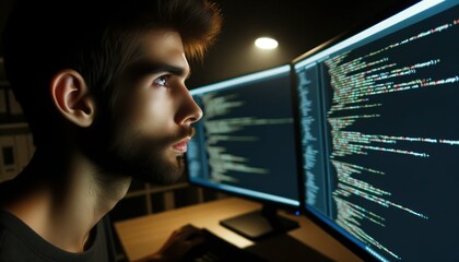 Close-up photo of a software developer with short brown hair, deeply focused on the lines of code displayed on his dual computer screens.