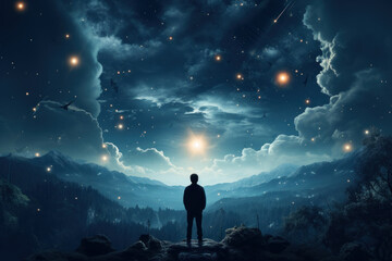 Wall Mural - a person gazing up at a starry night sky, contemplating the mysteries of the universe. concept of wo