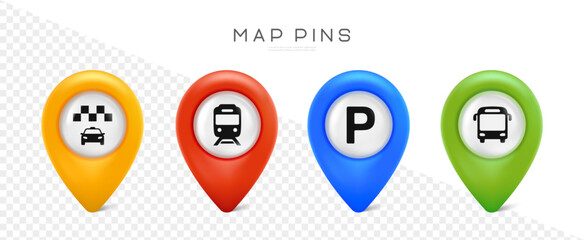 Wall Mural - Map pin set. Map pointer for parking, taxi, bus and tram station. Map marks for gps point. Vector icons isolated on transparent background