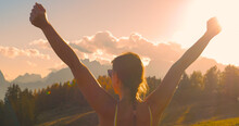 CLOSE UP, LENS FLARE: Victorious Moment Of A Lady Reaching Beautiful Mountaintop