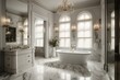 Indulgent bathroom adorned with lavish marble, elegant freestanding tub, and exquisite chandelier. Generative AI