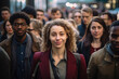 © Gregory O'Brien - Young curly-haired woman smiling confidently in a diverse urban crowd; city life, multicultural group in background.