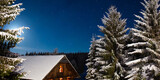Fototapeta Dziecięca - starry night full moon winter forest christmas trees wooden cabin with light in windows pine 