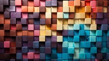 Colorful Background Of Wooden Blocks. A Spectrum Of Multi Colored Wooden Blocks Aligned. Background Or Cover For Something Creative Or Diverse.