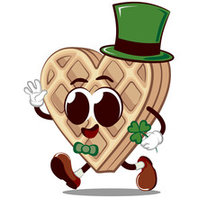 Vector Mascot Character From A Cheerful Waffle Heart Shaped Cake Walking Carrying Clavicle Leaves, Wearing A Green Hat And Bow Tie
