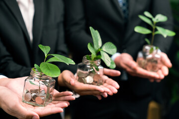 Wall Mural - Business people holding money savings jar filled with coins and growing plant for sustainable financial planning for retirement or eco subsidy investment for environment protection. Quaint