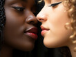 Zwei lesbische Frauen unterschiedlicher Kultur Gesichter ganz nah an den Lippen zärtlich küssend, ai generativ