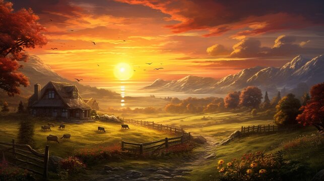 A peaceful countryside sunrise