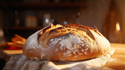 Canvas Print - A close-up of a freshly baked artisanal bread, with a golden-brown crust and soft interior.