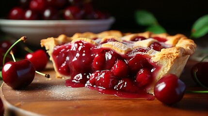 Canvas Print - A close-up of a freshly baked cherry pie, the filling bursting with ripe, red cherries.