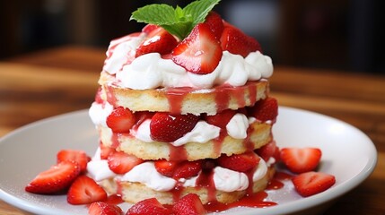 Wall Mural - A close-up of a strawberry shortcake, with layers of moist cake, fresh strawberries, and whipped cream.