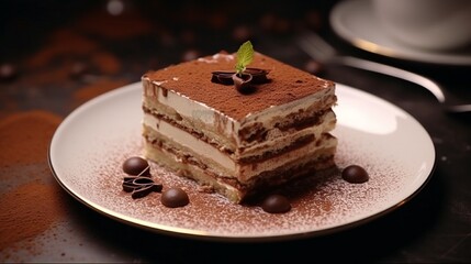 Canvas Print - A decadent tiramisu dessert, each layer visible and topped with a dusting of cocoa powder.