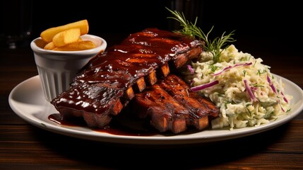 Canvas Print - A plate of barbecue ribs, glazed with a sticky, finger-licking sauce, and accompanied by coleslaw.