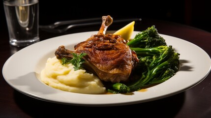 Canvas Print - A plate of crispy duck confit, served with a side of garlic mashed potatoes and saut?(C)ed greens.