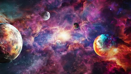 a cosmic journey through colorful nebulae and planets