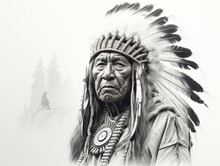 Portrait Of A Indian Chief, Black And White Pencil Draw