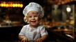 Süßes kleines Kind als Koch hilt in der Küche beim kochen und lacht im Querformat als Banner, ai genrativ
