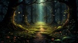 Fototapeta Las - Darkened forest pathway illuminated only by the faint glow of fireflies.