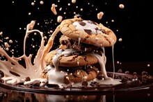 Coffee With Milk Splash On Chocolate Cookies Over Brown Background. Advertising Idea. Generative Ai